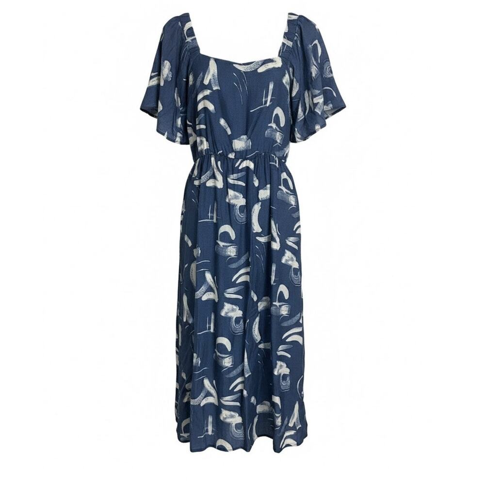 A New Day Large Blue Abstract Print Flutter Sleeve Maxi Dress